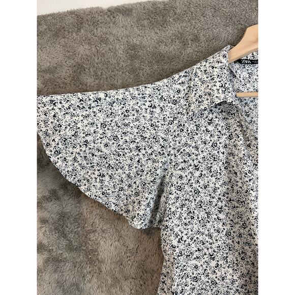 Zara White Blue Floral Crop Wrap Blouse Top Side Tie Flutter Sleeve M Medium - Picture 5 of 10